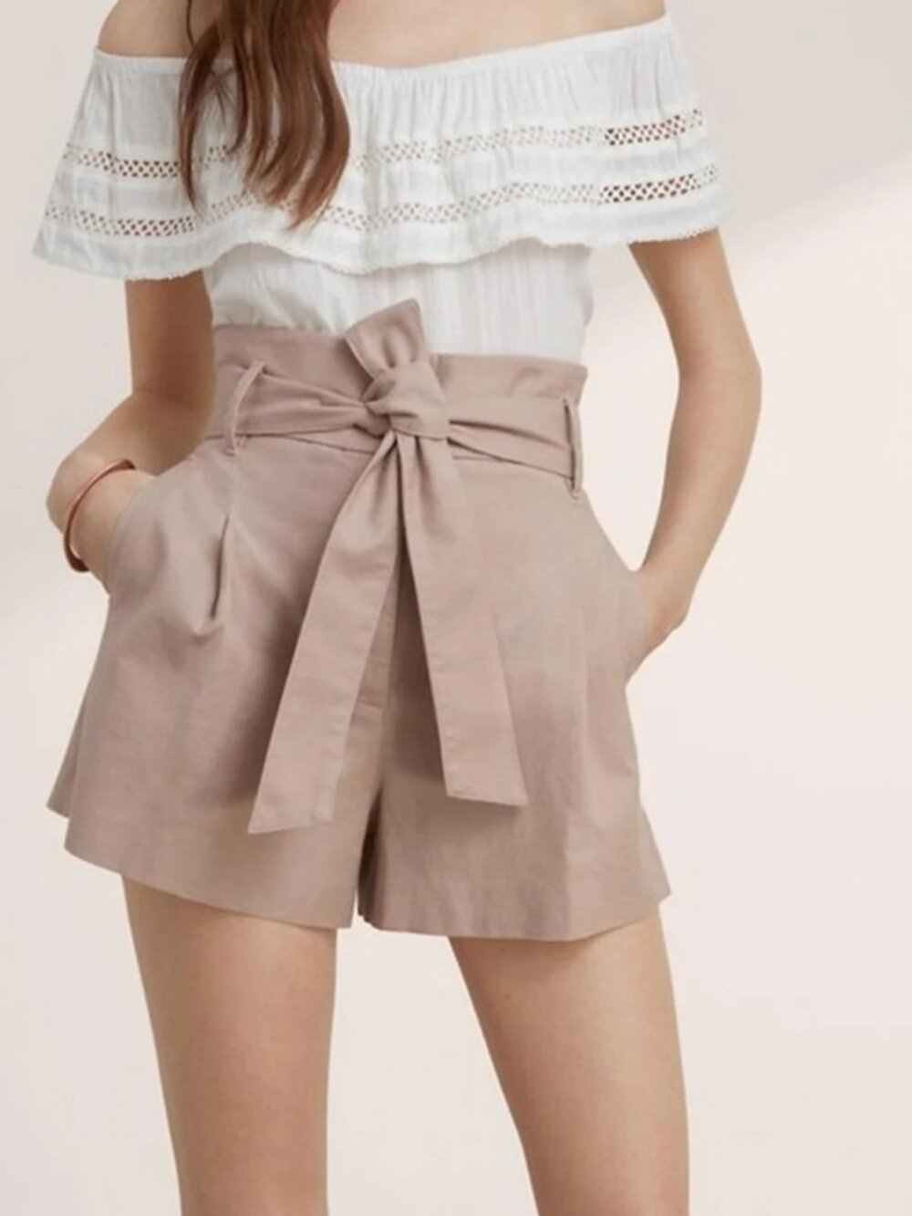 Wilfred Marne Cotton Linen Blend Beige High Waist Paperbag Shorts 2
